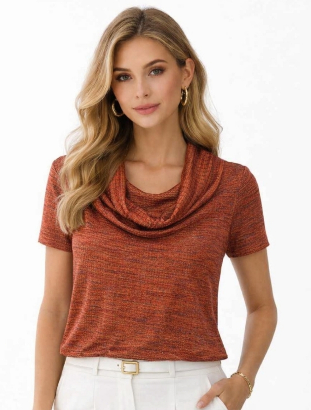 Peck & Peck Rust Orange Short Sleeve Cowl Neck Top Large
